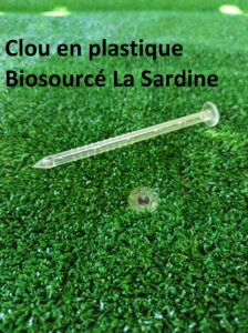 Photo montrant un clou en plastique bio sourcé transparent, fixant du gazon synthétique au sol. Fabriqué par la société SEI Sarl
